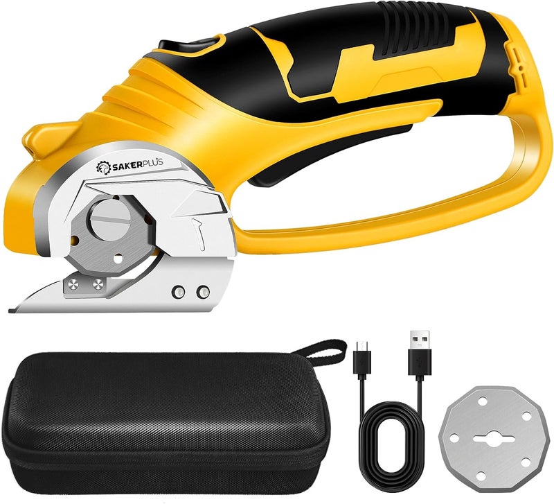 SakerPlus Cordless Electric Scissors, 4V Cardboard Cutter, Box Cutter - 2 Blades, 1 Storage Bag, Safety Lock & LED Light, Rechargeable Power Rotary Cutter for Box Carpet Fabric Plastic Leather - Image 1